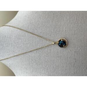 Gold Tone Crescent Moon Pendant Necklace with Blue Starry Sky Set